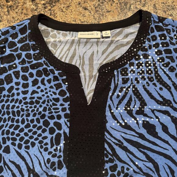 Susan Graver Top Animal Sequin Glam Statement Bold Zebra Mixed Blue Black XL - Picture 4 of 9